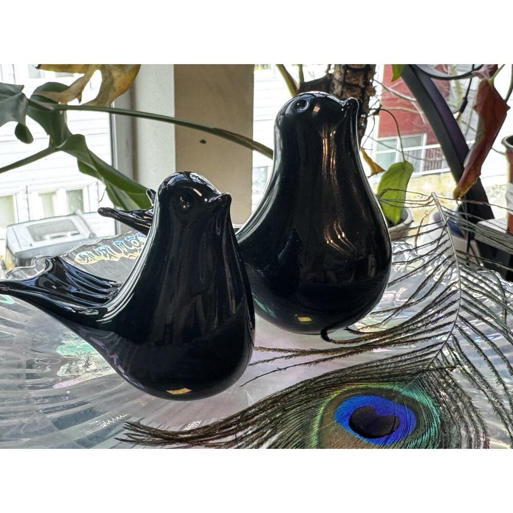 Vintage Art Glass Unsigned Pair Black Birds | Gothic | Dark Romance | Mod